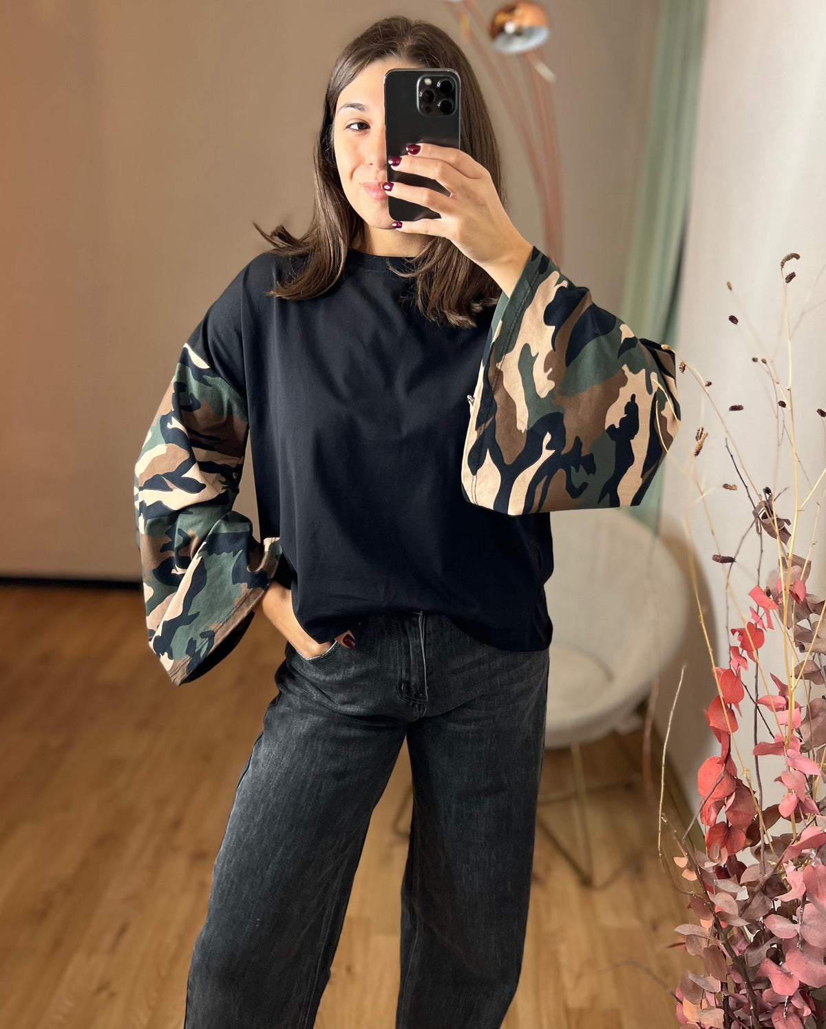 Maglia in cotone con manica ampia camouflage