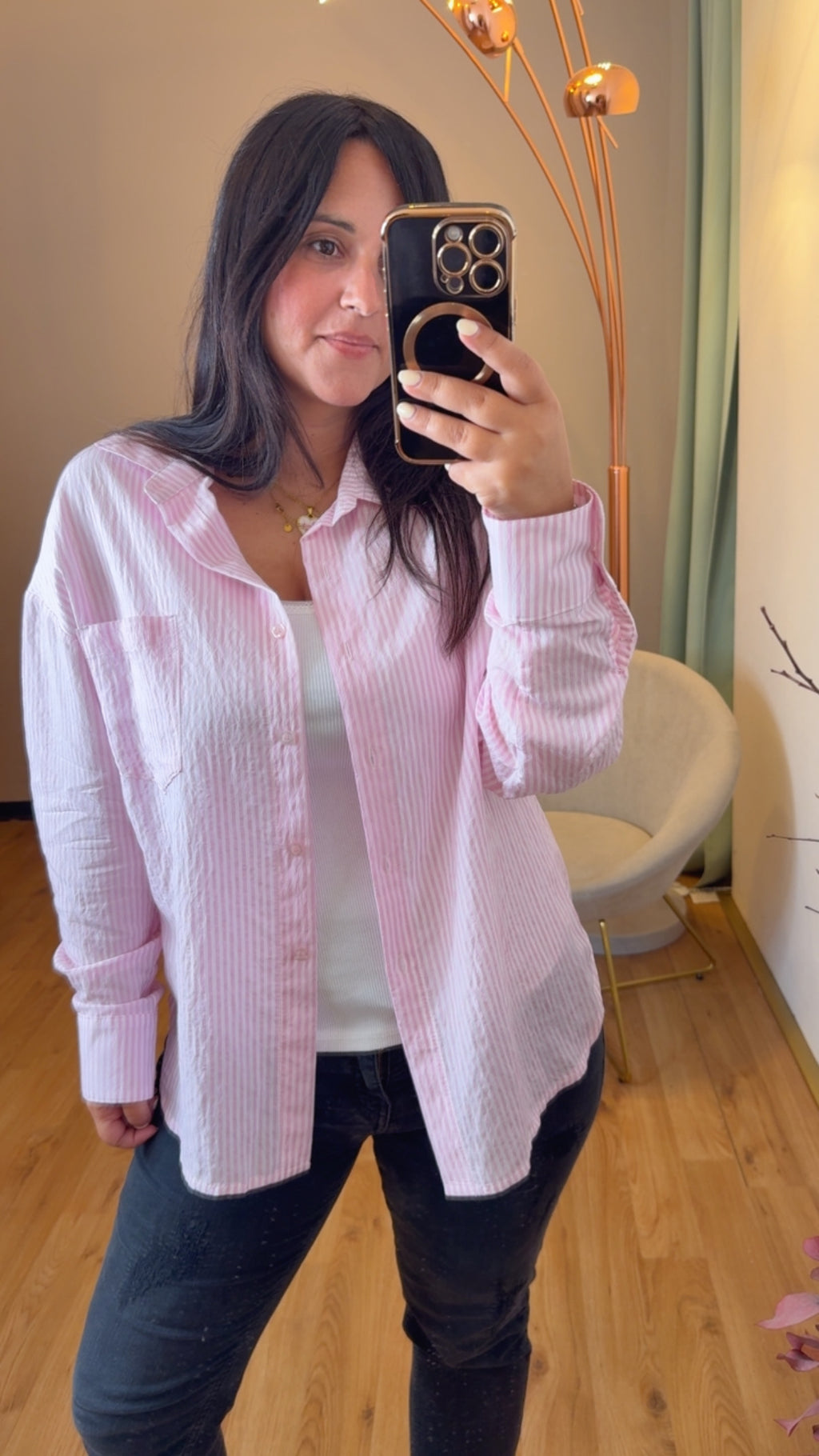 Camicia riga rosa in viscosa effetto stropicciato