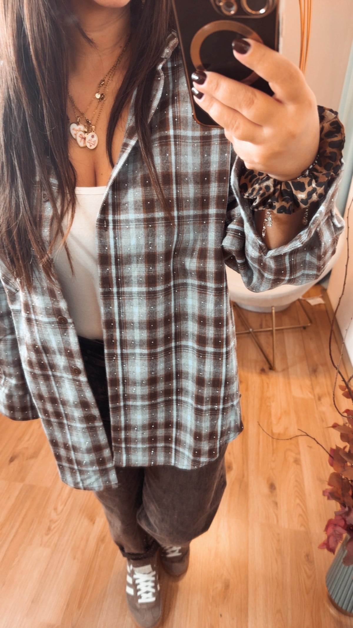 Camicia check moro e azzurro con brillantini