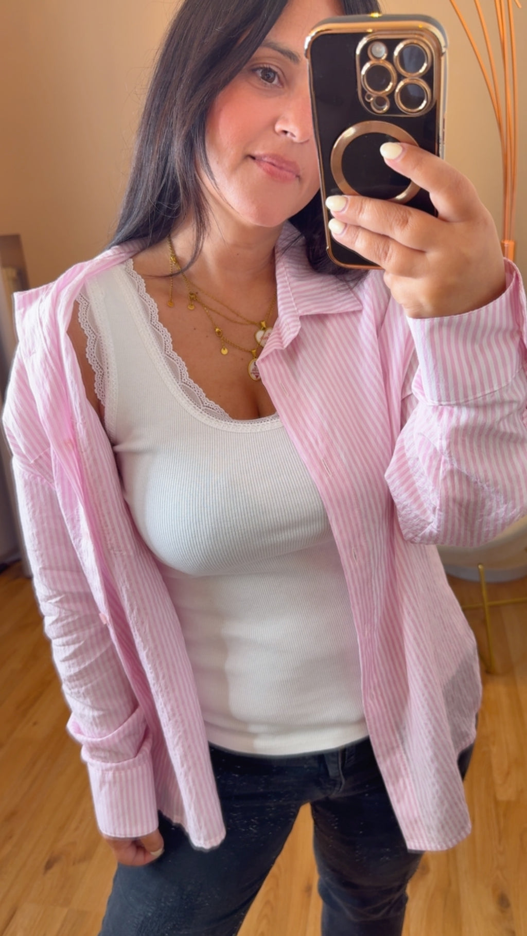 Camicia riga rosa in viscosa effetto stropicciato