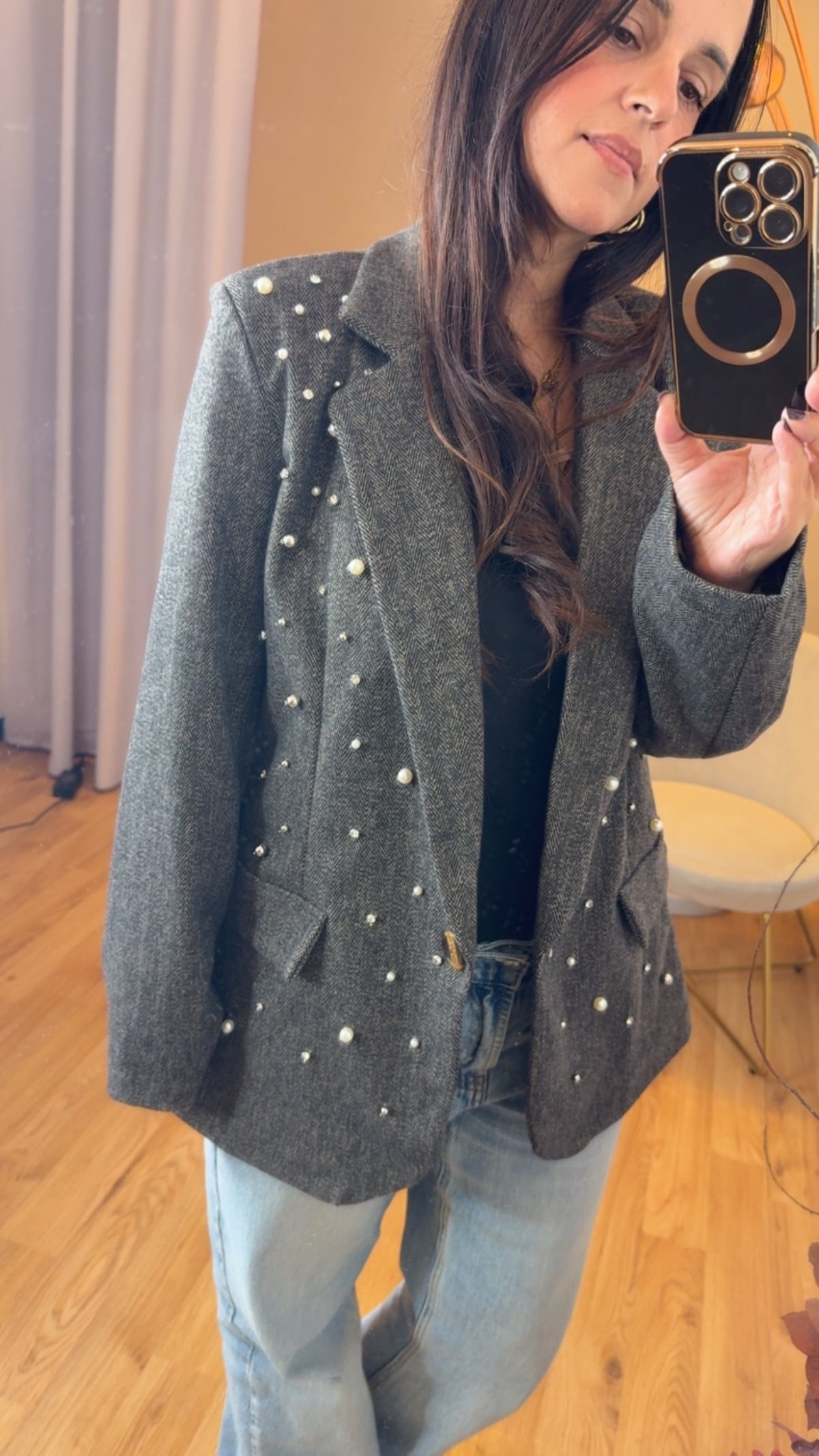 Blazer spiga con castoni e perle