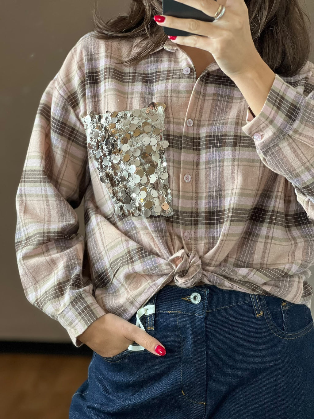 Camicia check taschino paillettes rosa cipria, moro e verde