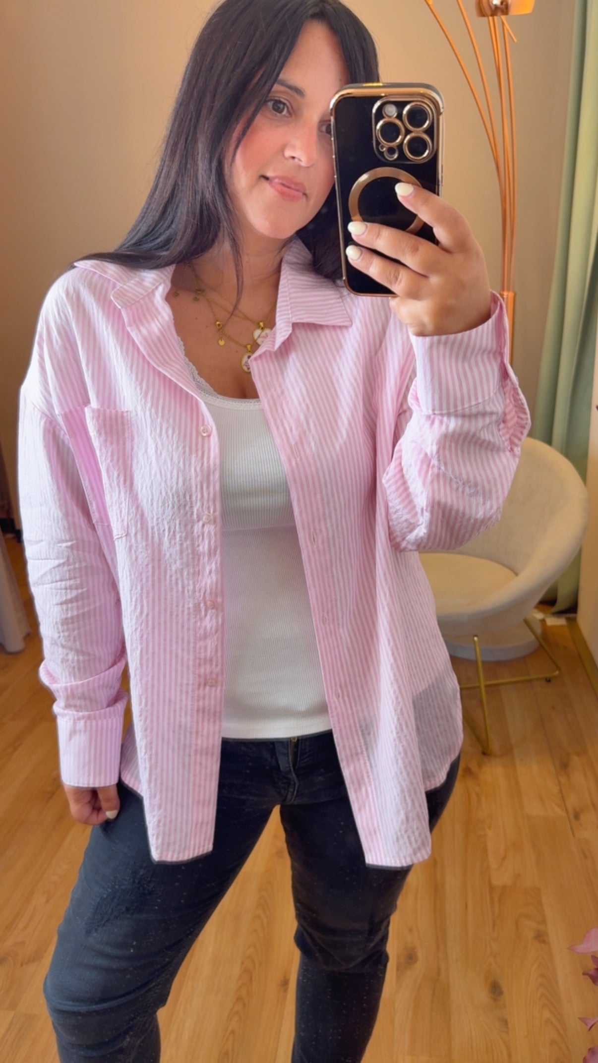 Camicia riga rosa in viscosa effetto stropicciato