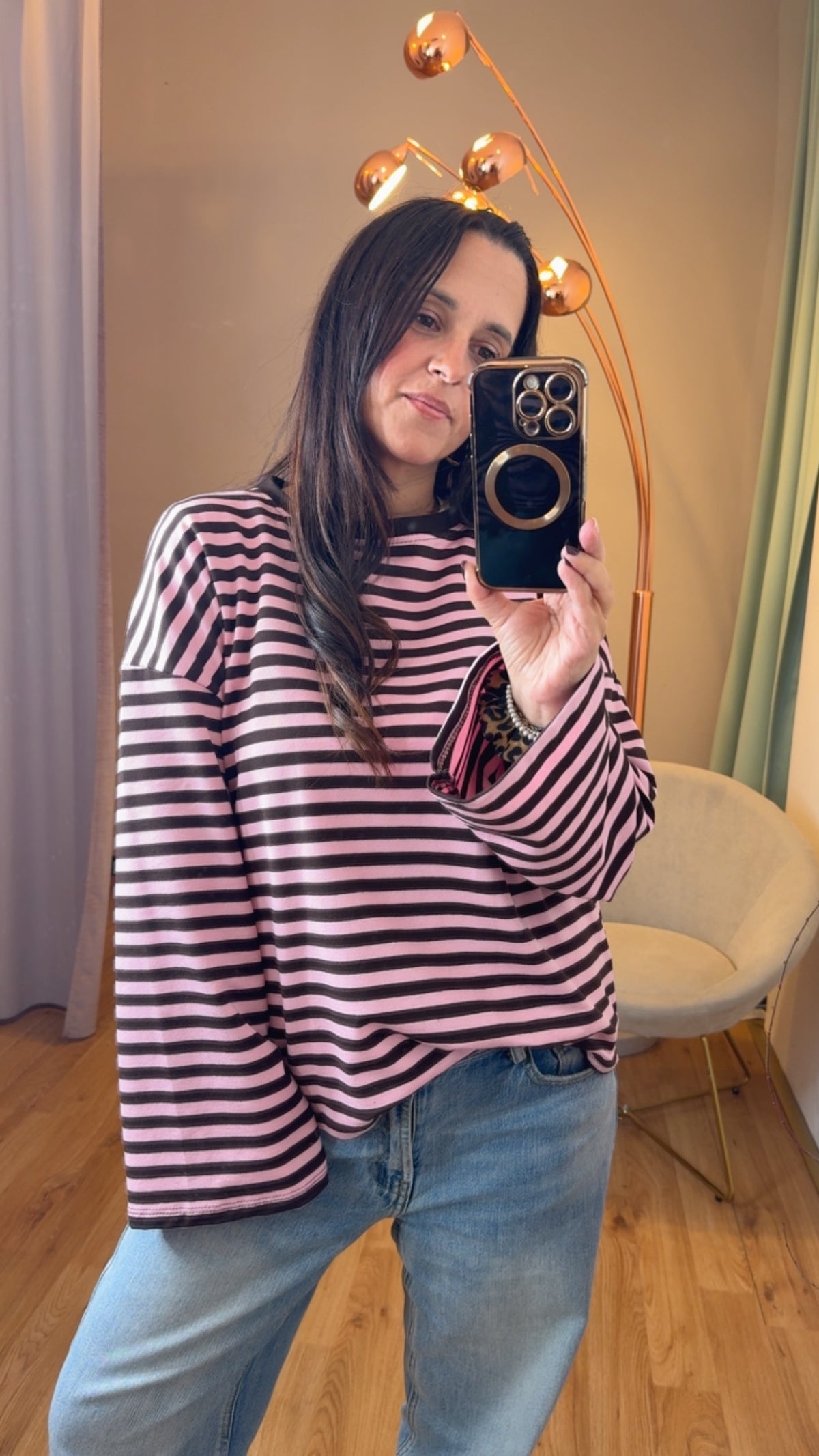 Maglia riga moro e rosa garzata con manica ampia