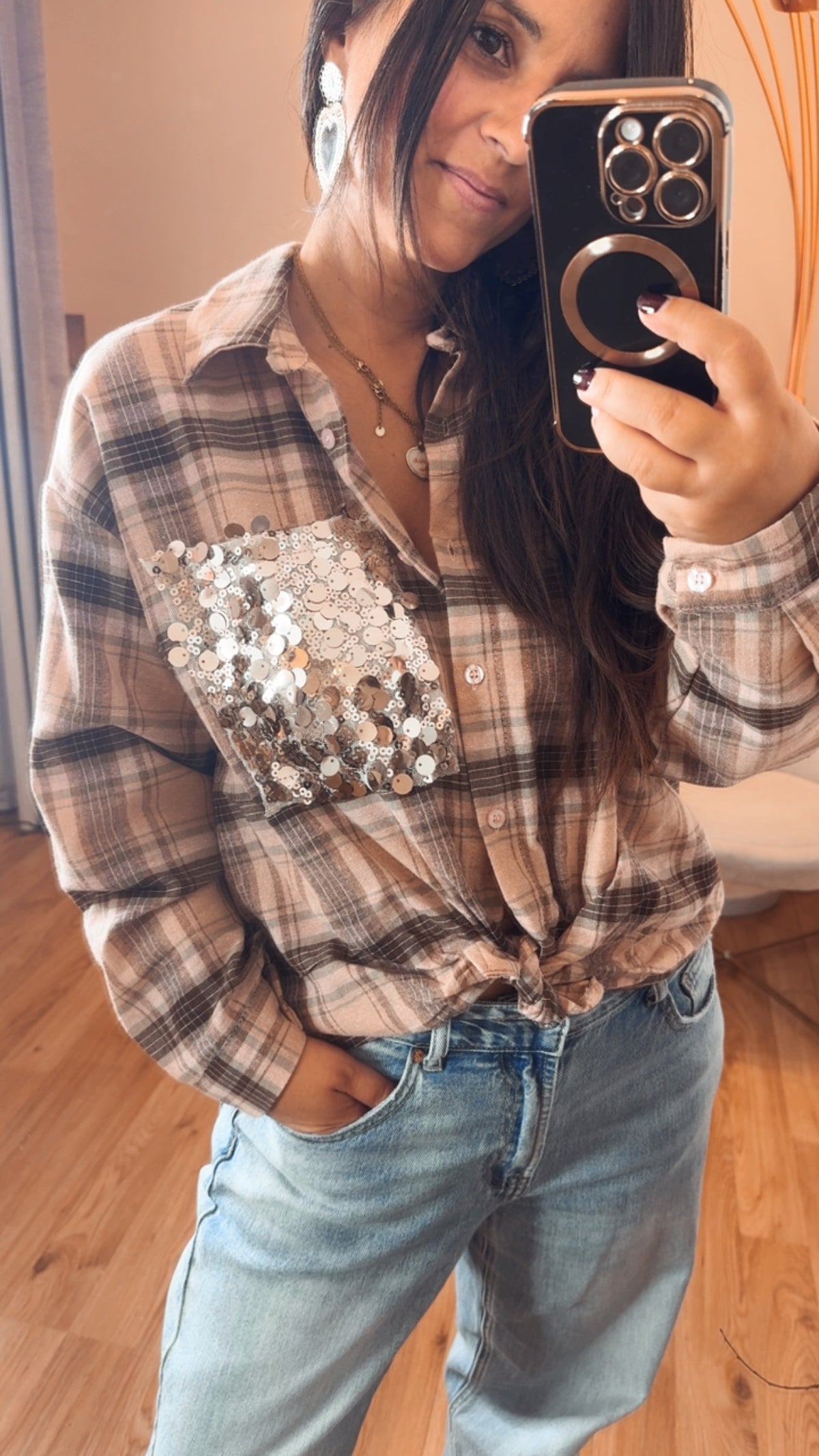 Camicia check taschino paillettes rosa cipria, moro e verde