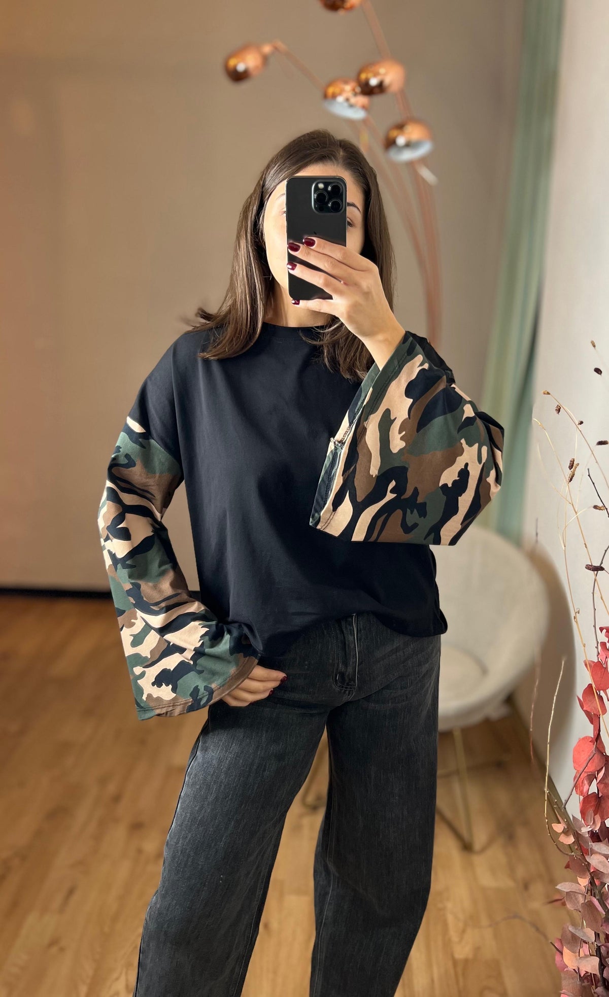 Maglia in cotone con manica ampia camouflage