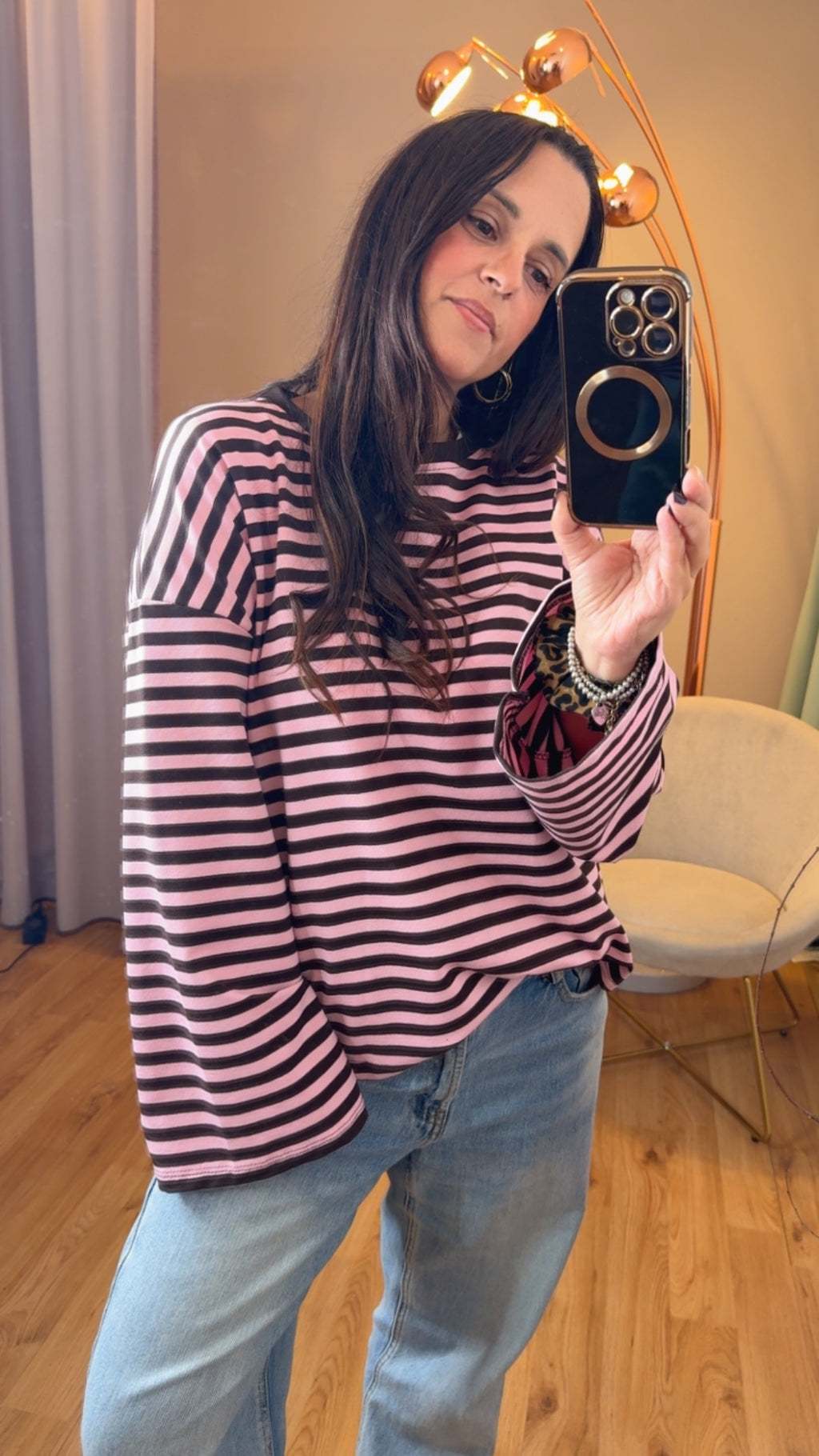 Maglia riga moro e rosa garzata con manica ampia