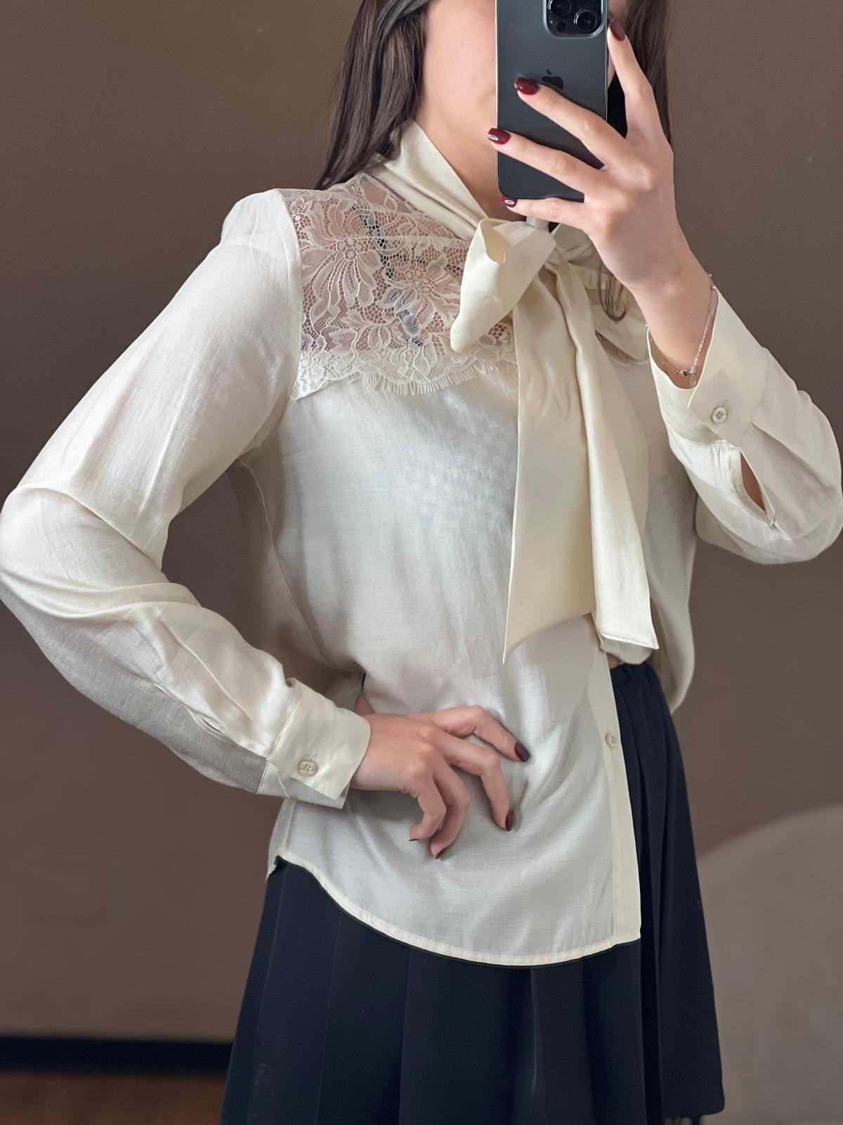 Camicia in mussola champagne con fiocco e pizzo - You Decide
