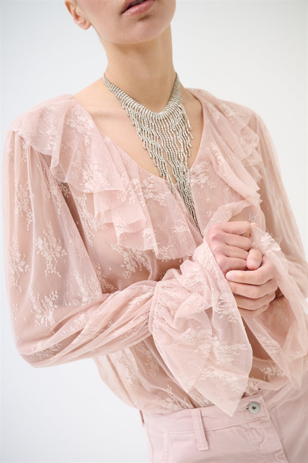 Blusa scollo V con volant in pizzo rosa cipria - Kikisix