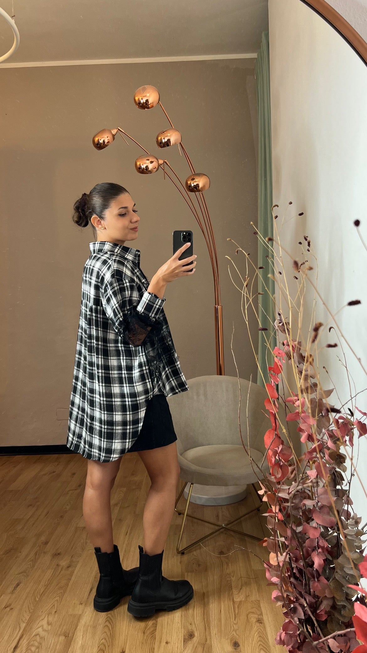 Camicia check nera con inserti in pizzo