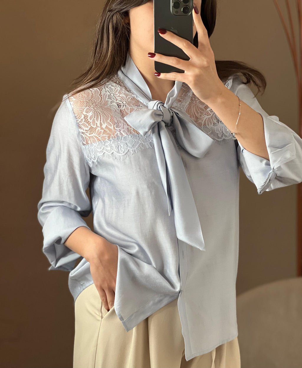 Camicia mussola con fiocco e pizzo azzurra - You Decide