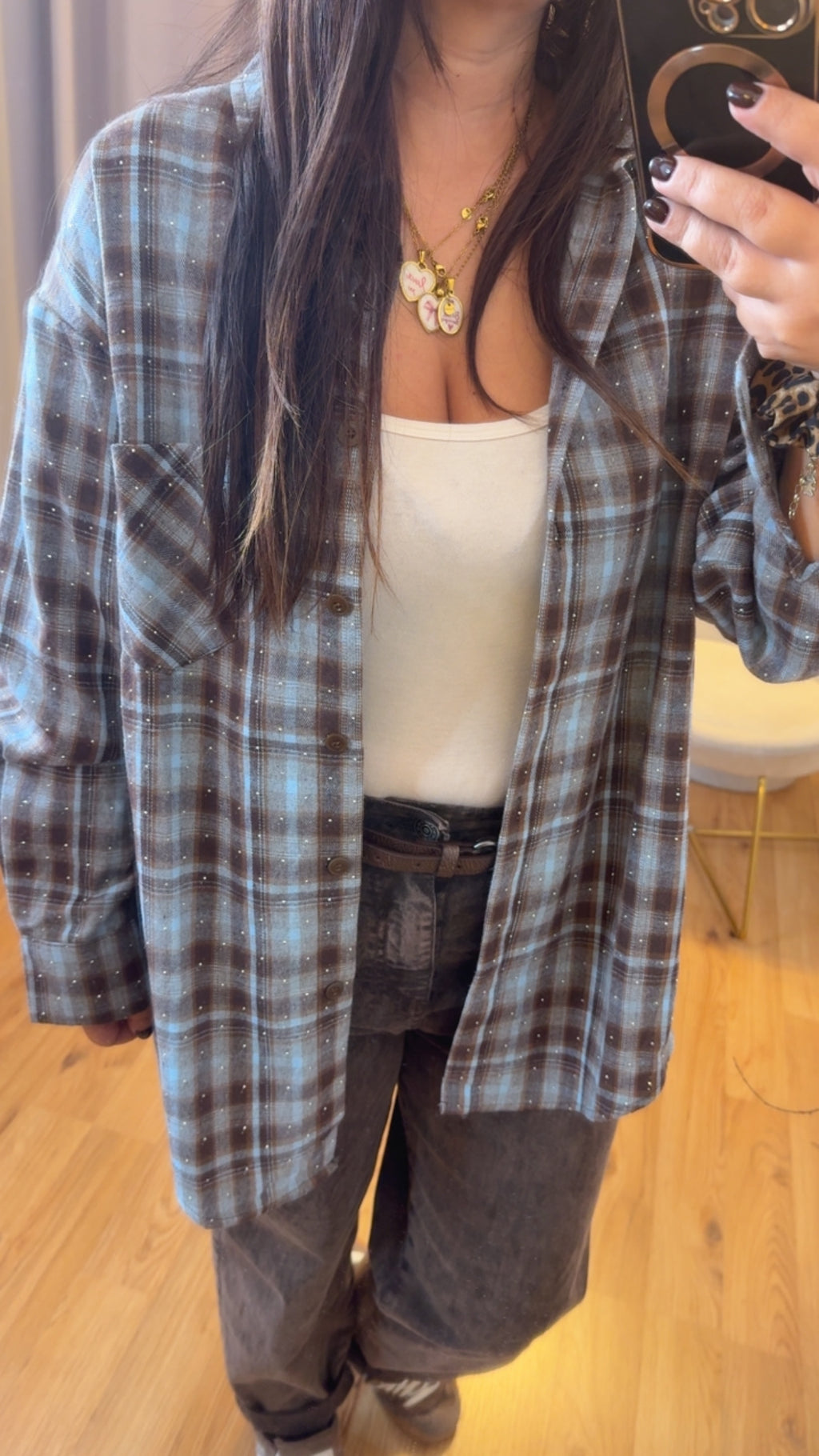 Camicia check moro e azzurro con brillantini
