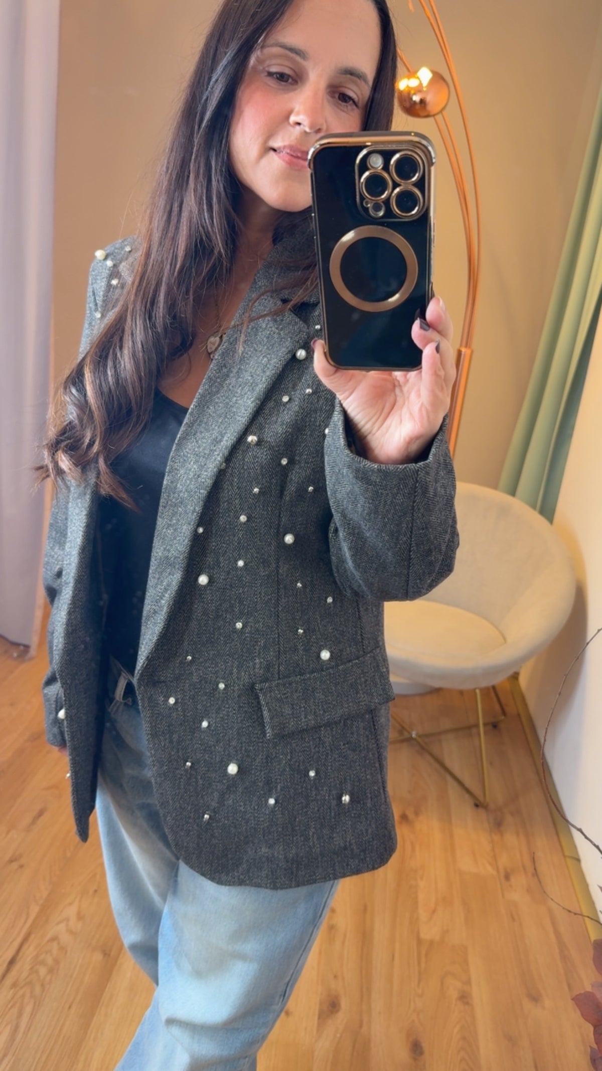 Blazer spiga con castoni e perle