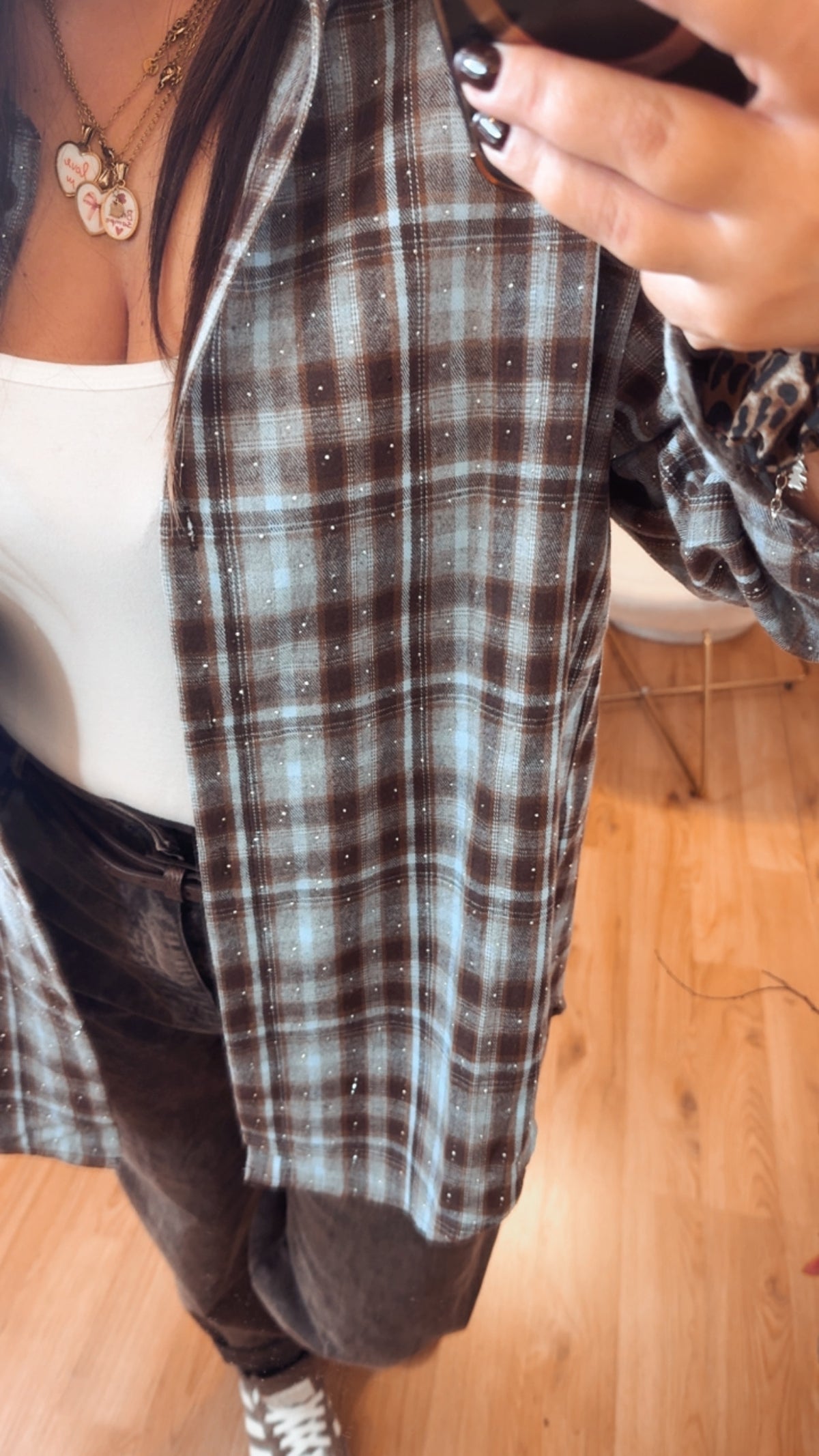 Camicia check moro e azzurro con brillantini