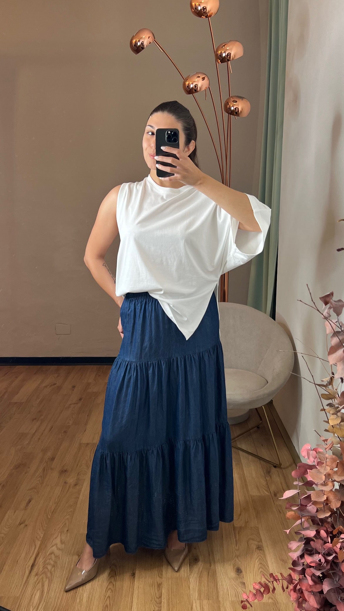 Gonna lunga balze chambray con elastico in vita