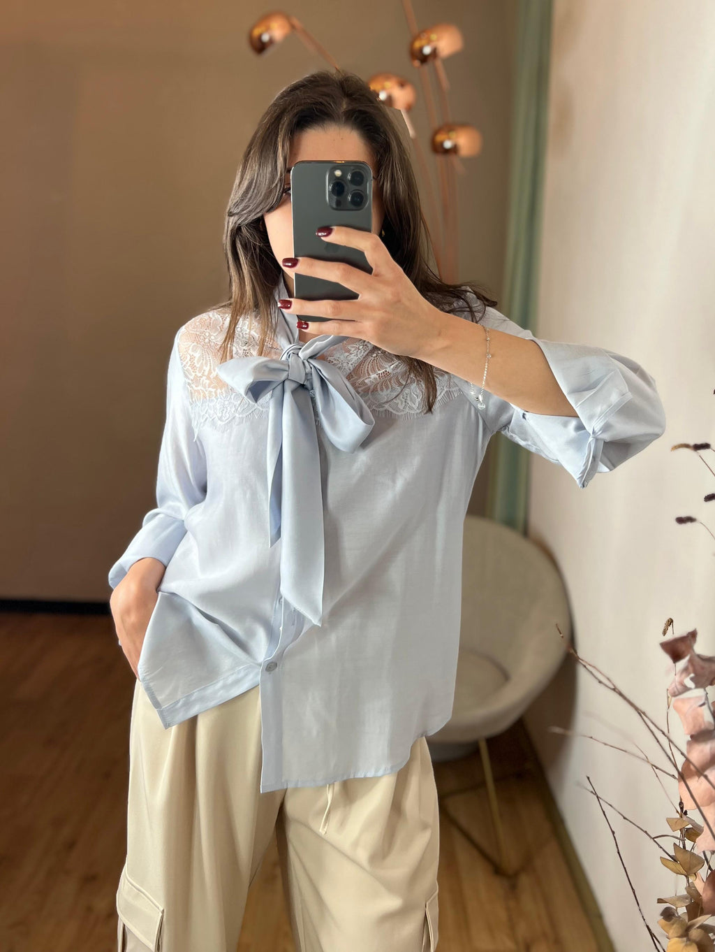 Camicia mussola con fiocco e pizzo azzurra - You Decide