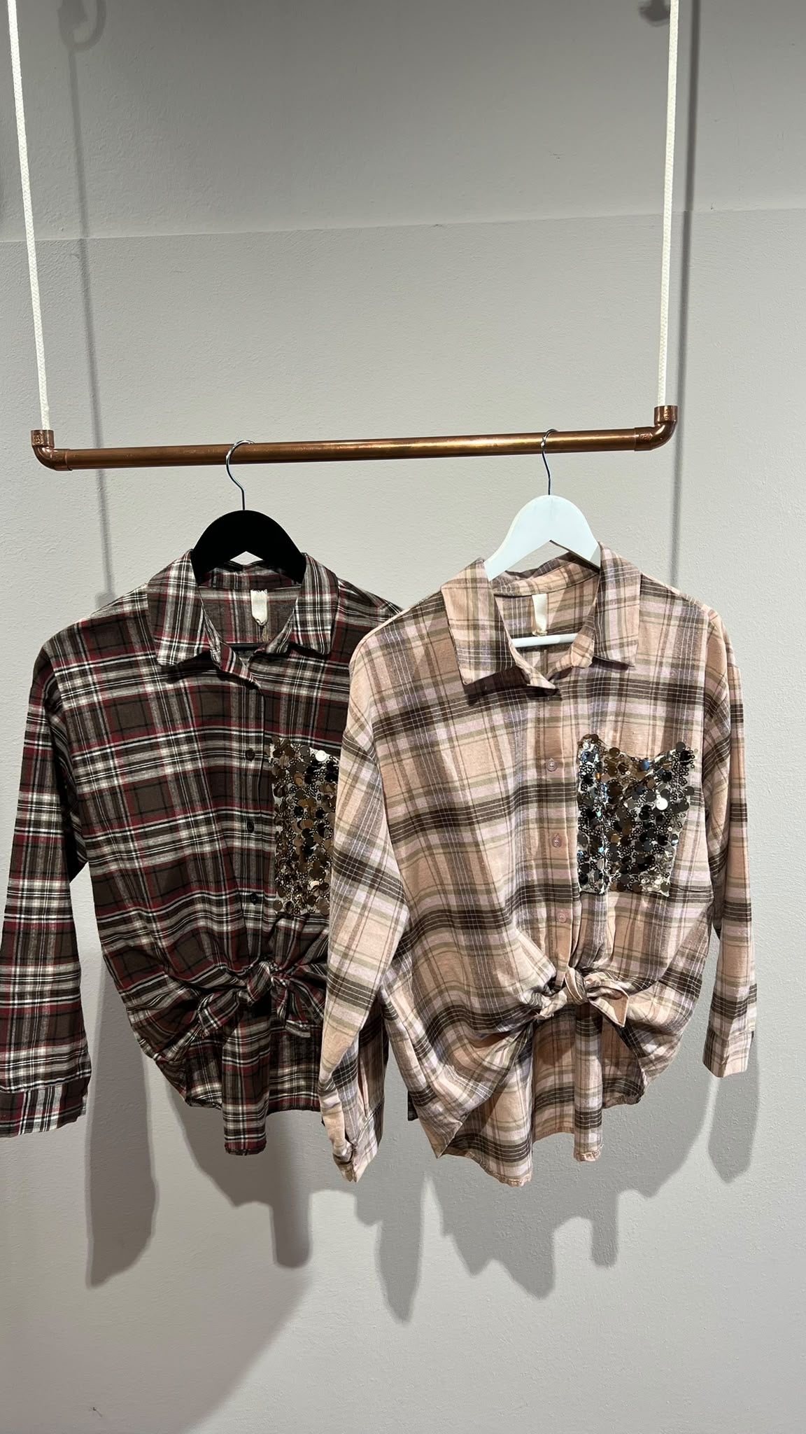Camicia check taschino paillettes rosa cipria, moro e verde