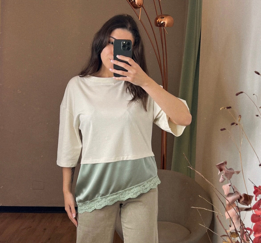 T-shirt combinata cotone e raso