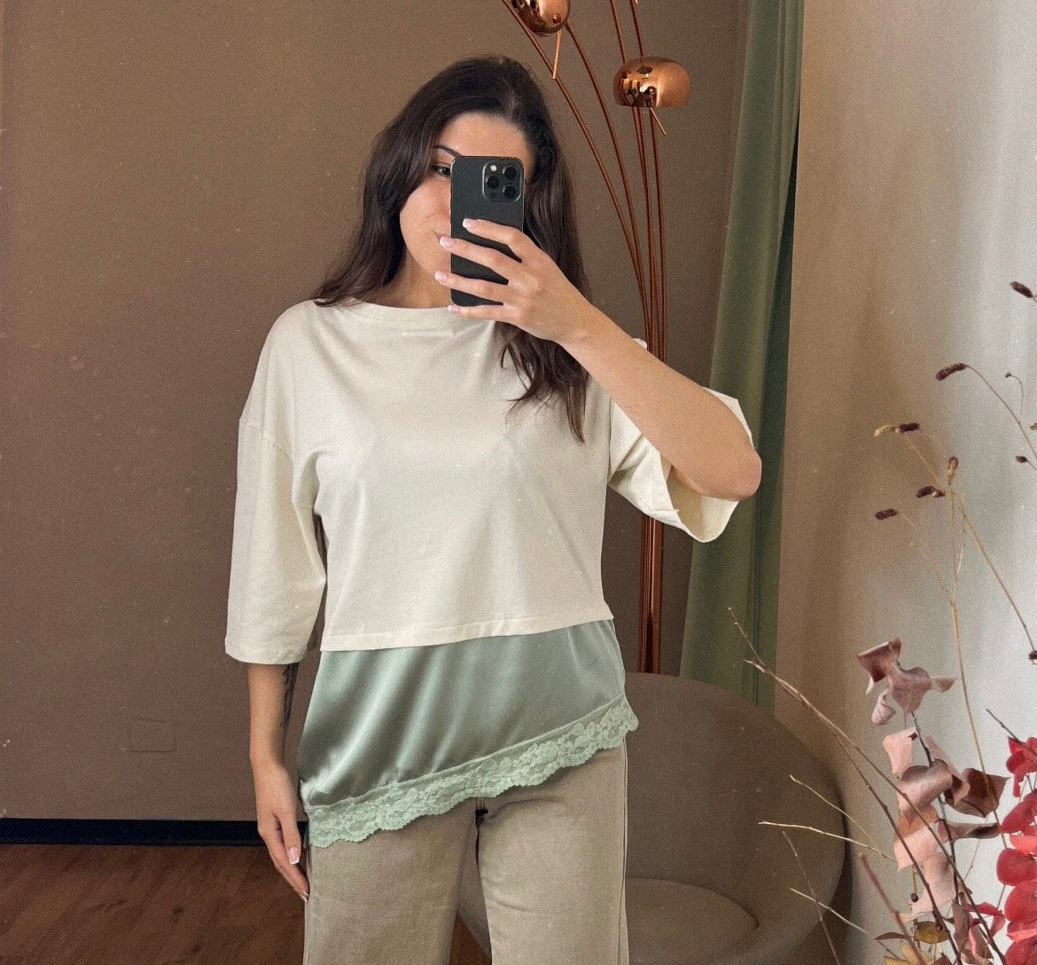 T-shirt combinata cotone e raso