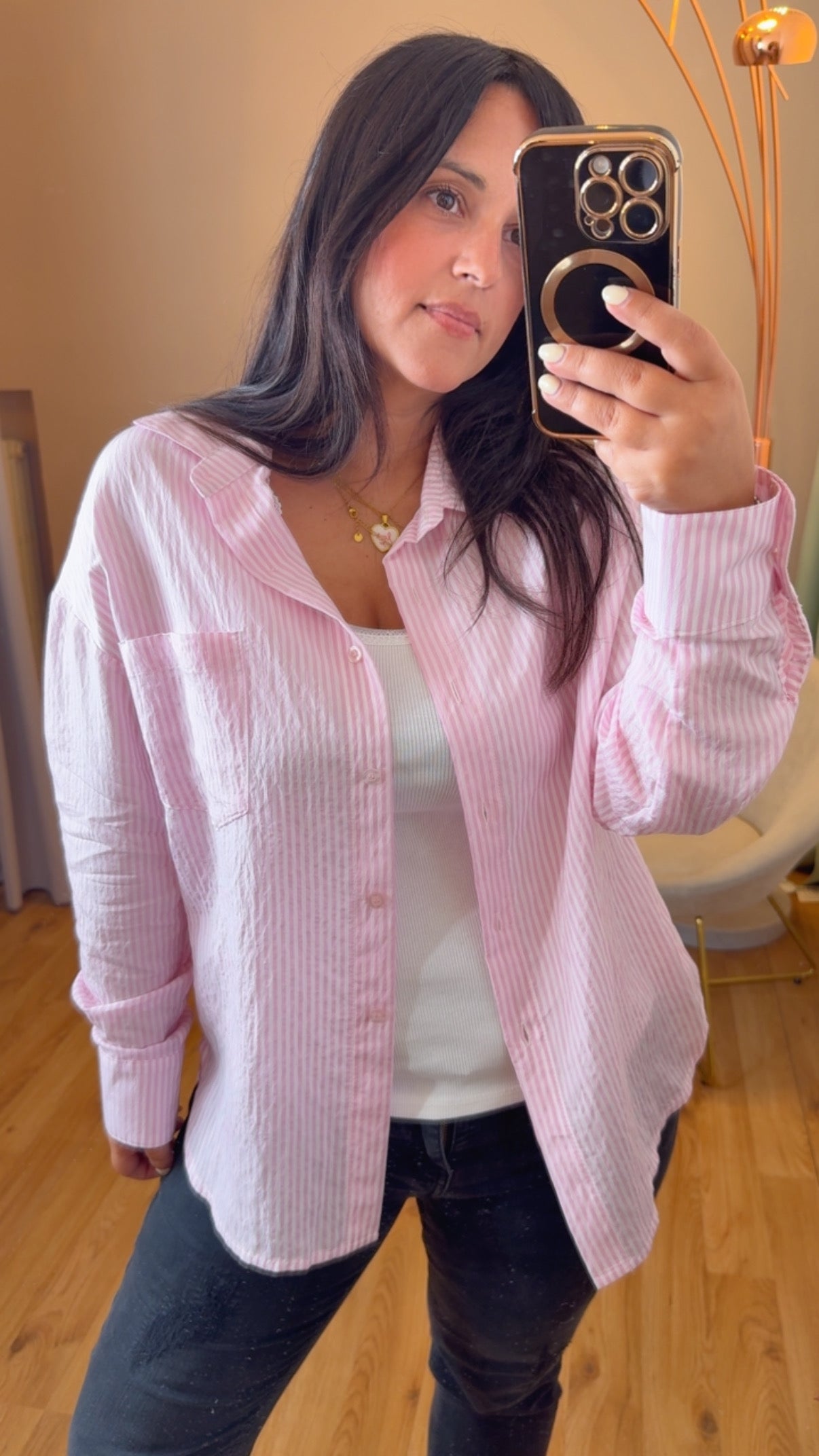 Camicia riga rosa in viscosa effetto stropicciato