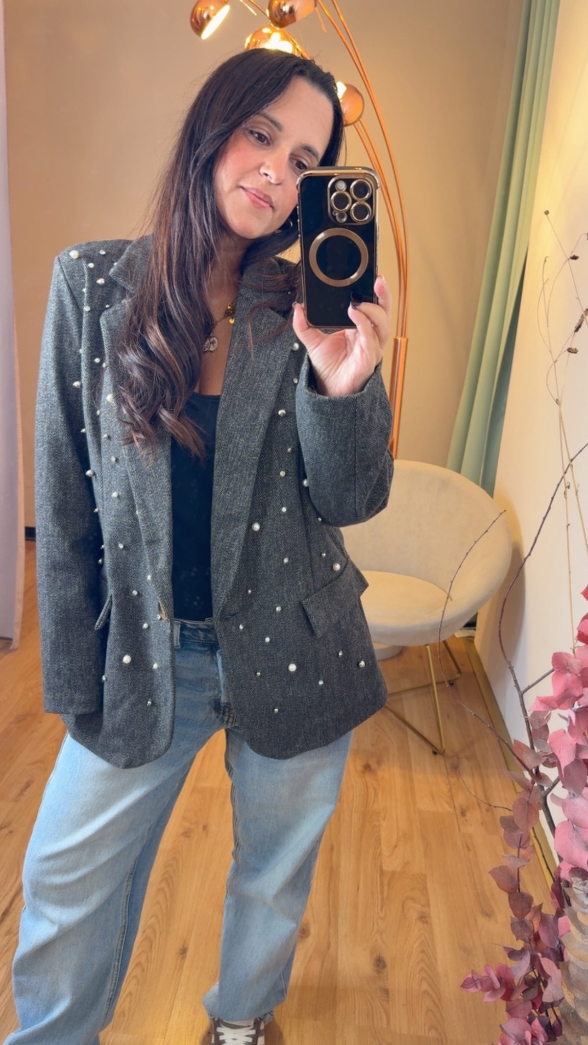 Blazer spiga con castoni e perle