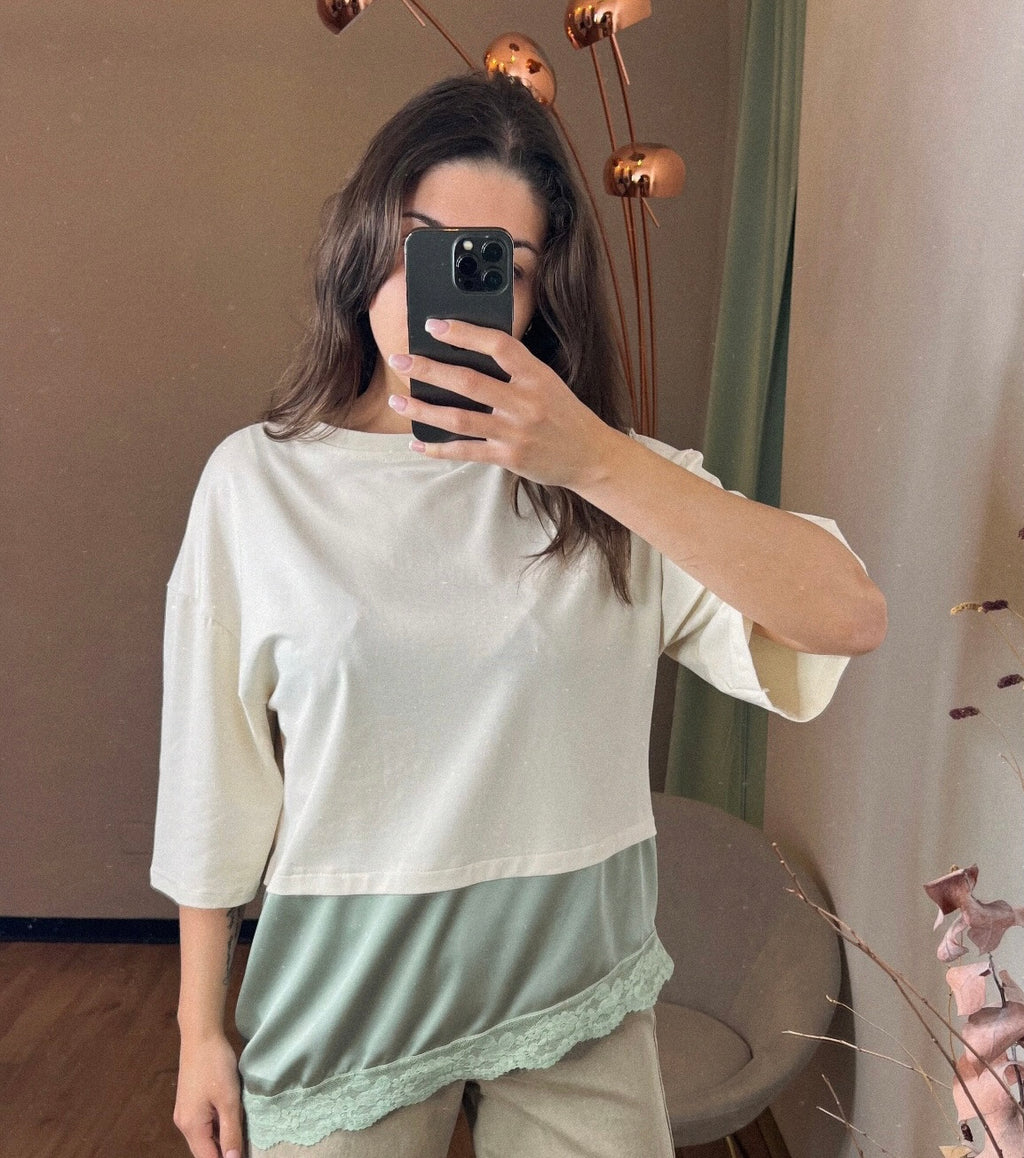T-shirt combinata cotone e raso