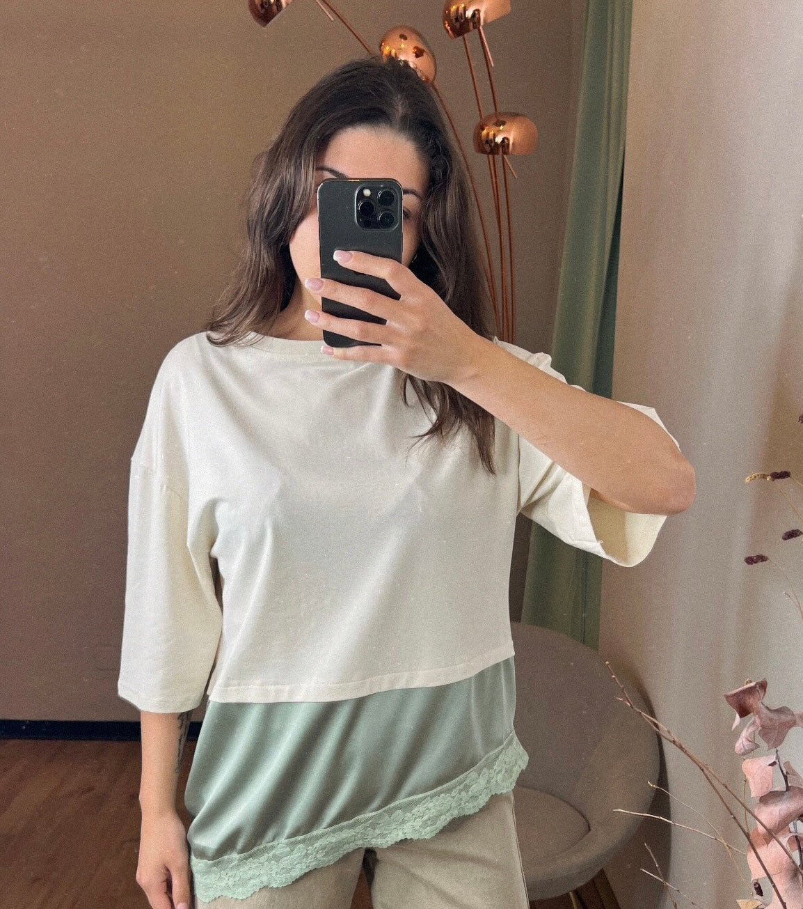 T-shirt combinata cotone e raso