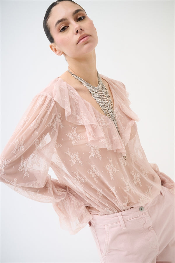 Blusa scollo V con volant in pizzo rosa cipria - Kikisix