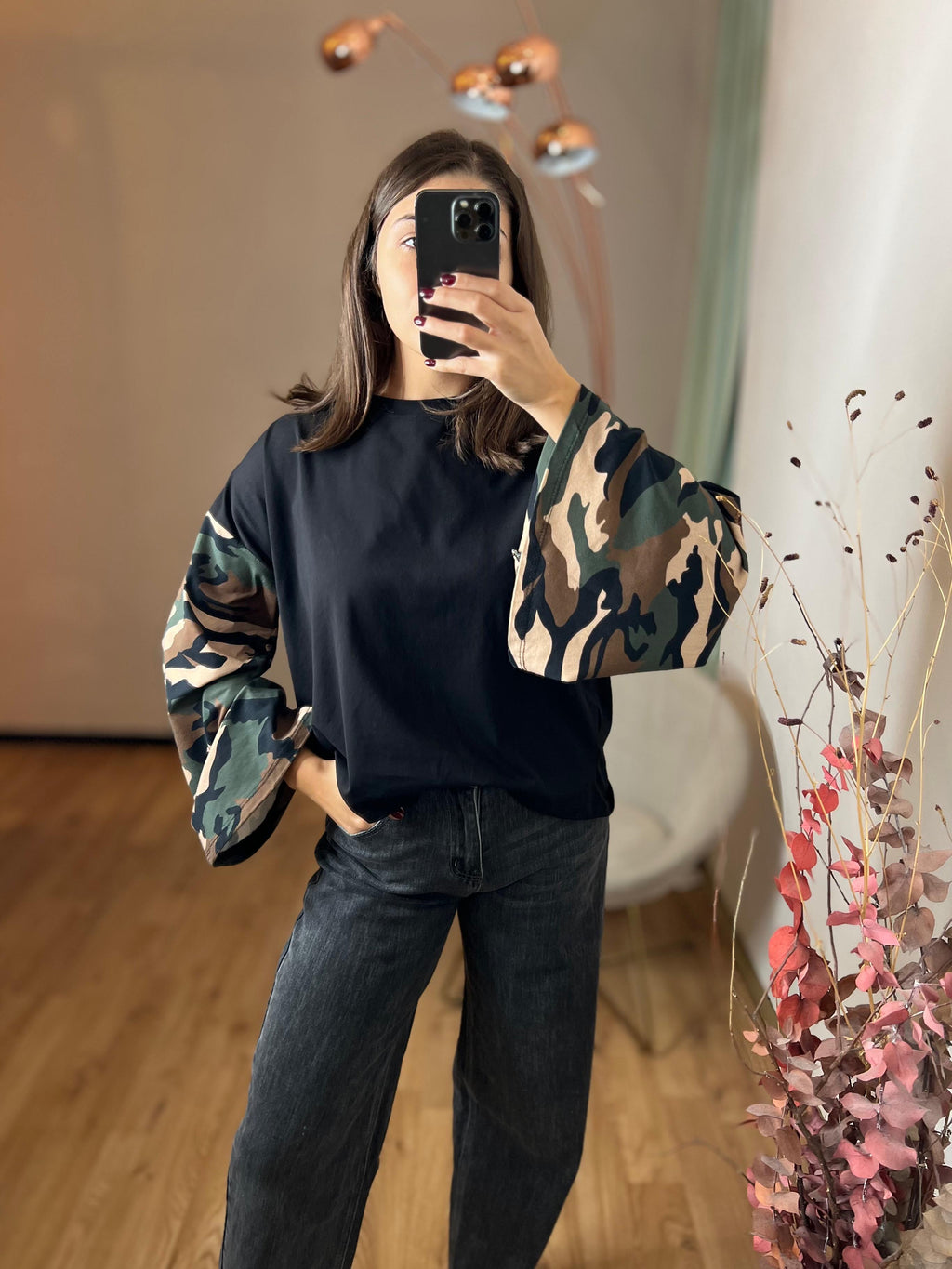 Maglia in cotone con manica ampia camouflage