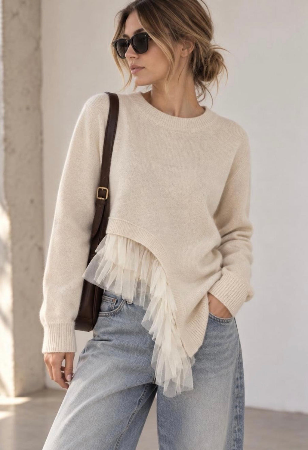 Maglia panna con tulle