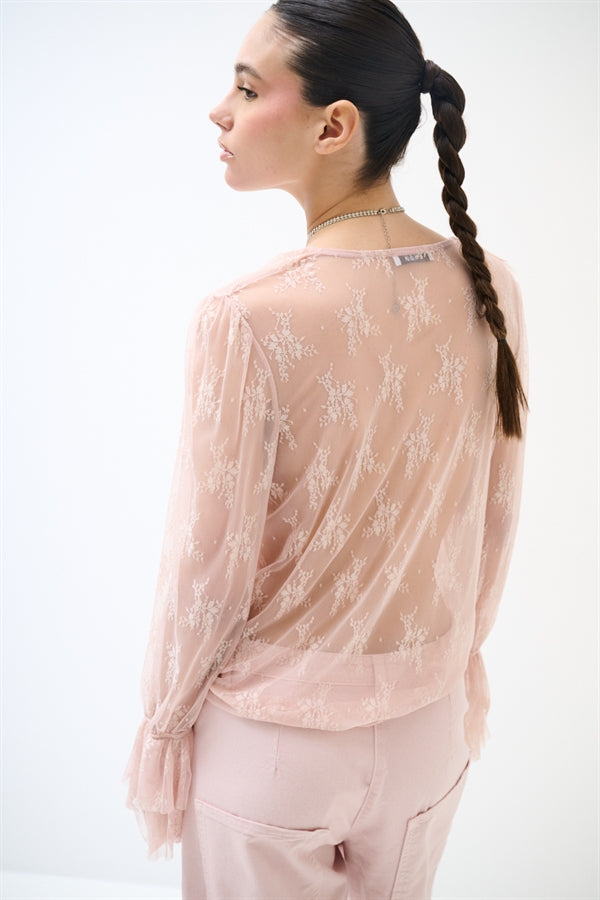 Blusa scollo V con volant in pizzo rosa cipria - Kikisix
