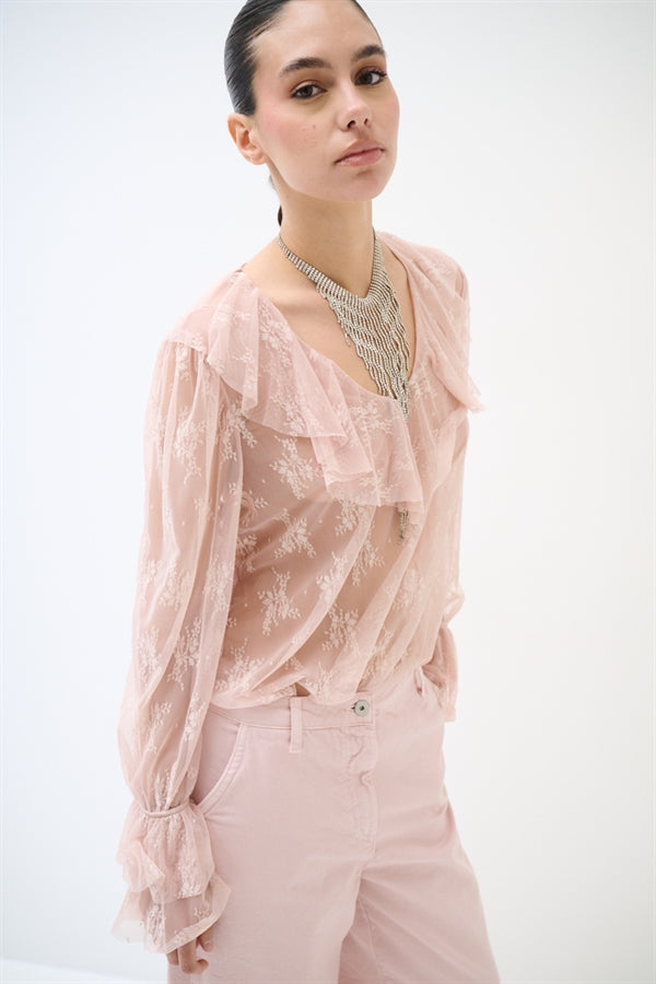 Blusa scollo V con volant in pizzo rosa cipria - Kikisix