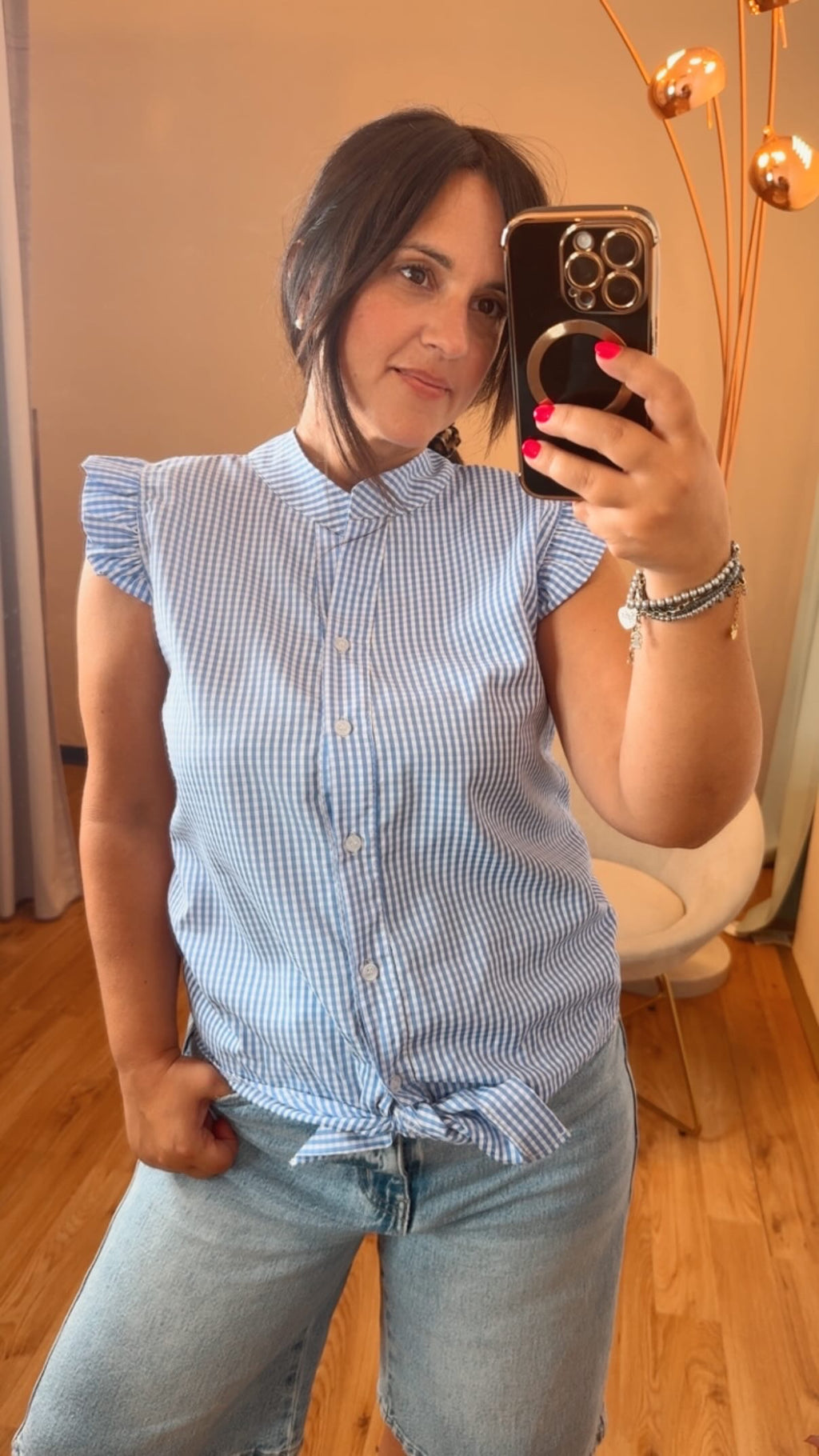Camicetta check azzurra con aletta spalla