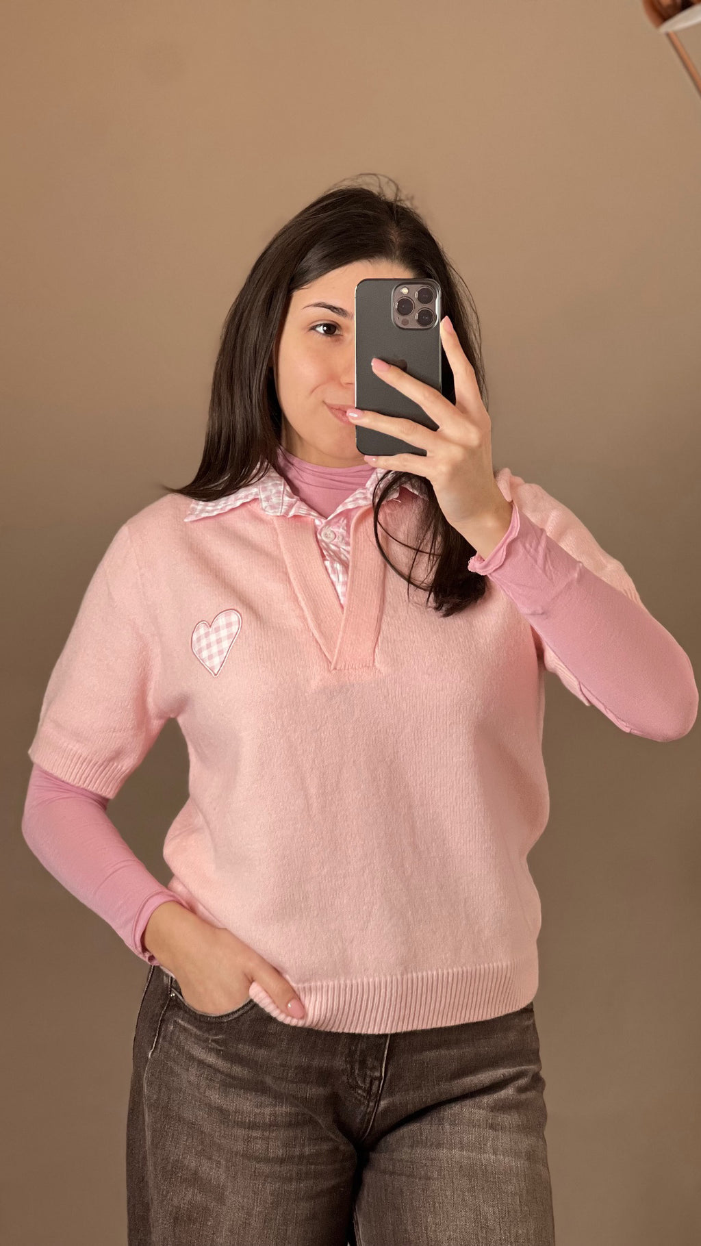 Polo manica corta con colletto e cuoricino check