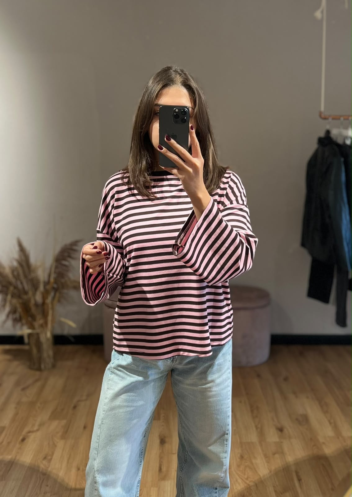 Maglia riga moro e rosa garzata con manica ampia