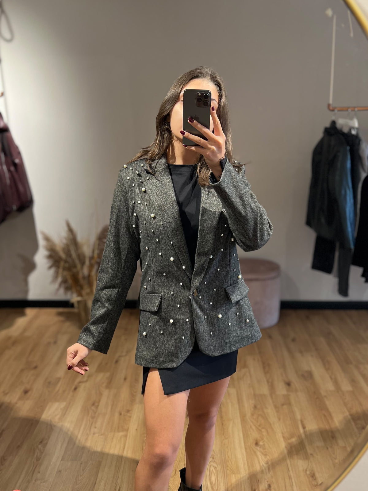 Blazer spiga con castoni e perle