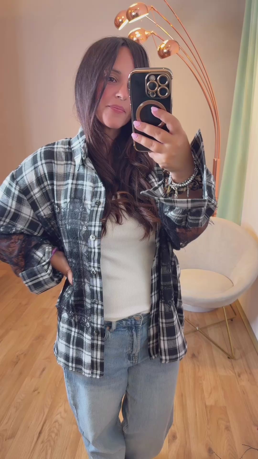 Camicia check nera con inserti in pizzo